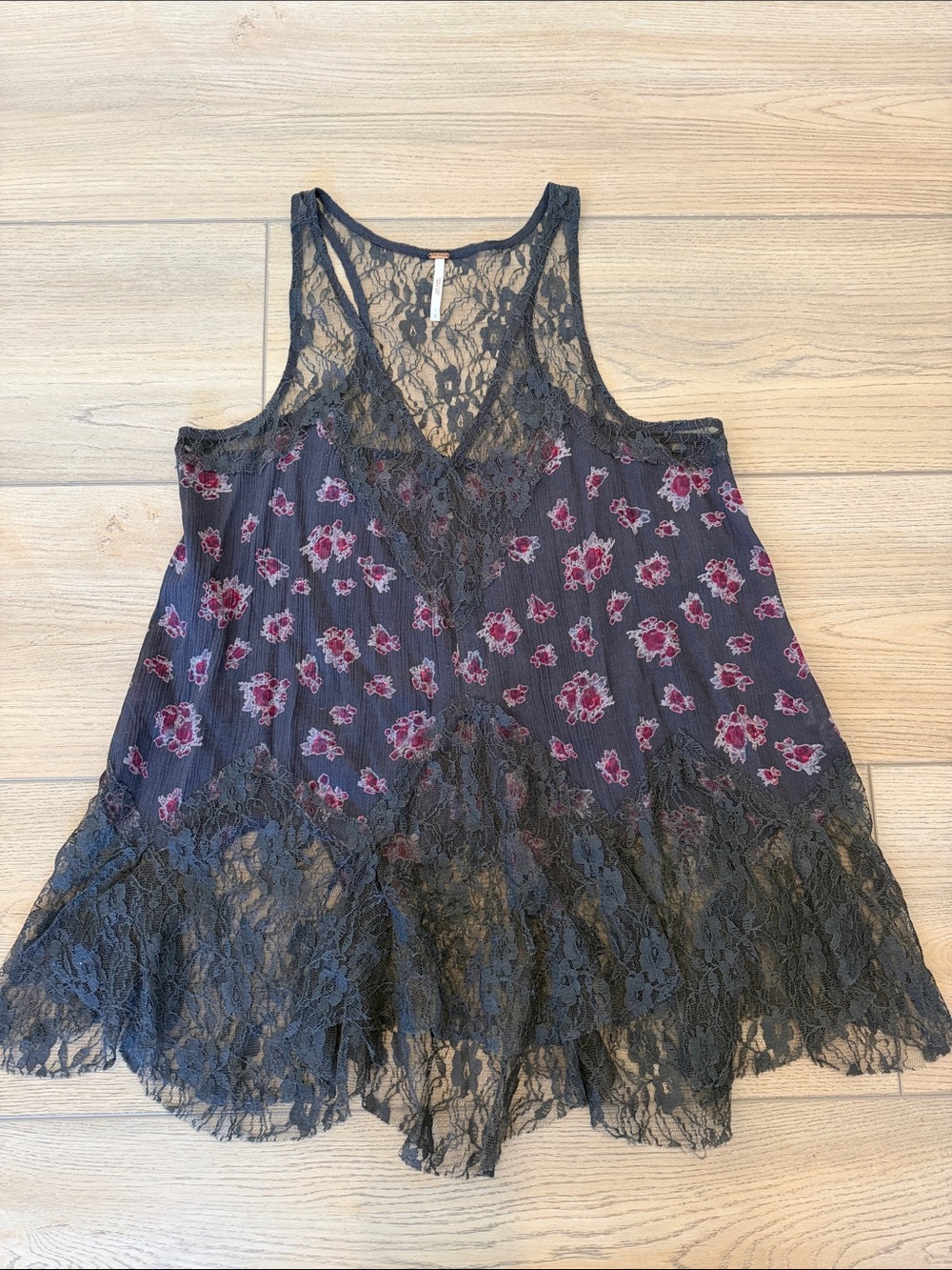 Free People Grey Lace Tank with pink flowers